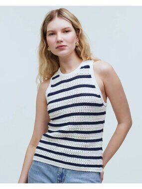 Madewell Crochet Knit Crew Neck Racerback Striped Tank Sweater Blue Sz XXS NO991